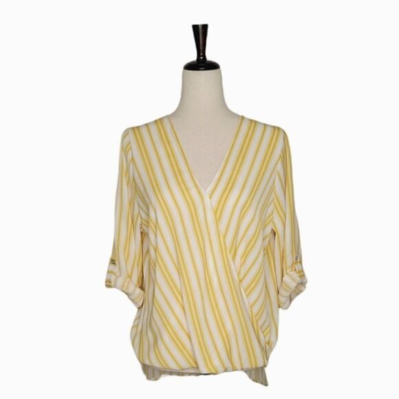 West Kei Allen Yellow Stripe Surplice High-Low 3/4 Roll Tab Sleeve Blouse - Picture 1 of 7
